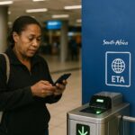Traveler using mobile phone at South Africa ETA checkpoint