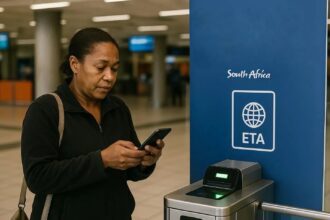 Traveler using mobile phone at South Africa ETA checkpoint