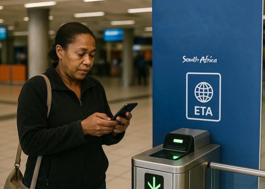 Traveler using mobile phone at South Africa ETA checkpoint