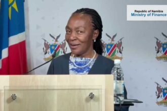 Namibia’s Finance Minister delivers remarks at a news briefing in Windhoek after the country’s $750 million Eurobond repayment.