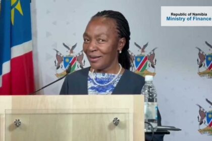 Namibia’s Finance Minister delivers remarks at a news briefing in Windhoek after the country’s $750 million Eurobond repayment.