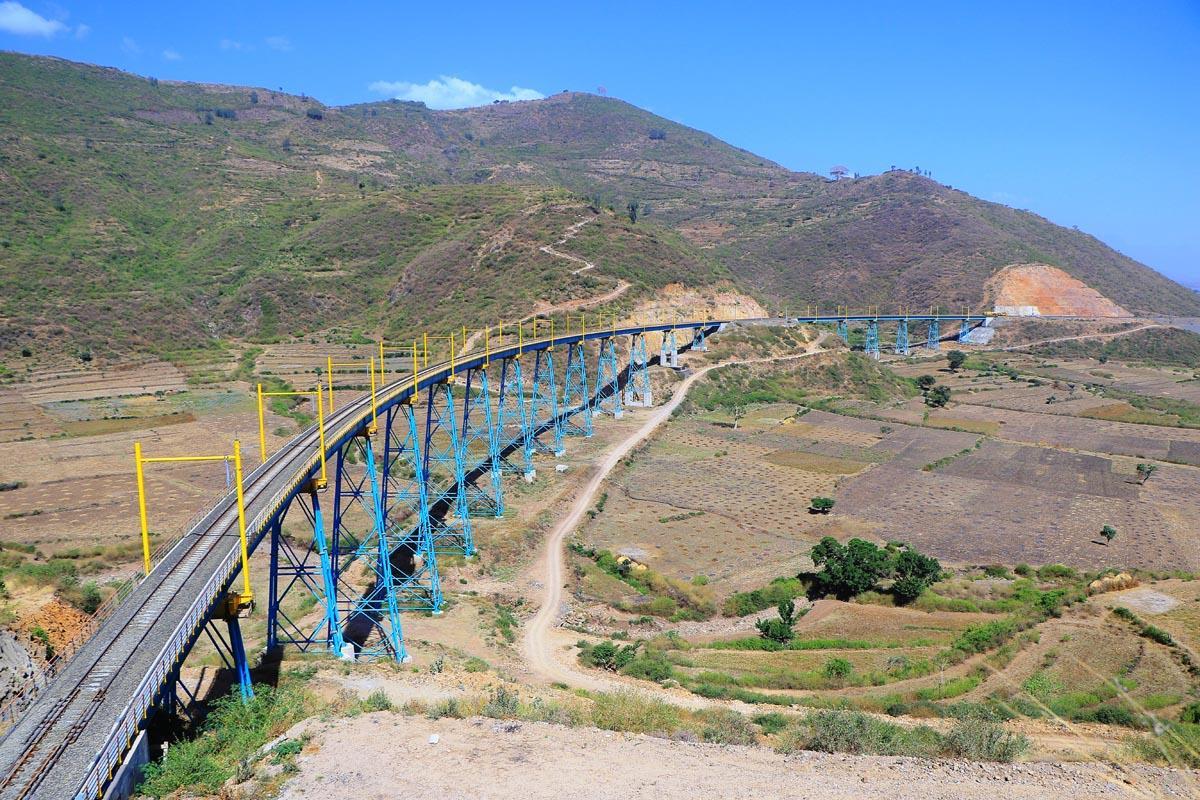 A railway bridge stretches across the highlands in northern Ethiopia, part of the Awash–Kombolcha line under modernization efforts