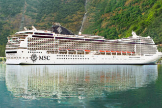 MSC cruise ship docked near lush coastal cliffs