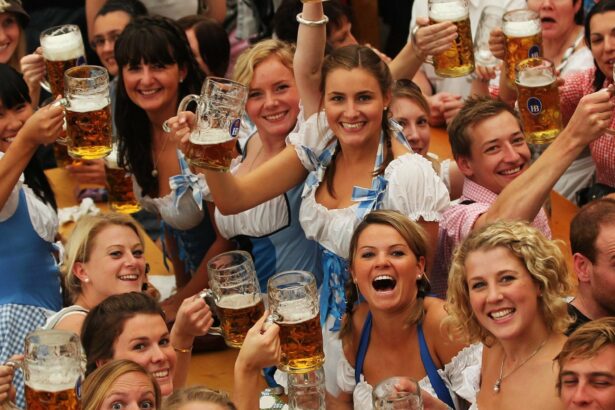 Revelers raise beer steins during Oktoberfest celebrations.