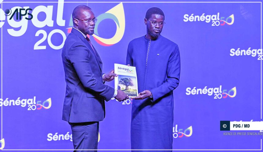 Officials present the Senegal 2050 development plan to the president at the Fii Senegal Investment Forum in Dakar
