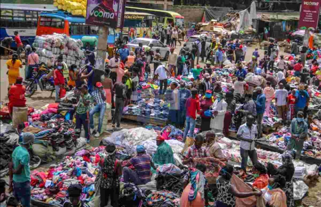 Crowds browse and trade second-hand clothing at Nairobi’s Gikomba market, one of Africa’s busiest resale hubs.