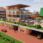 A rendering of Zaria Court Kigali, featuring modern architecture, rooftop greenery, and a poolside leisure area.