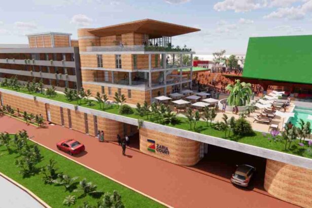 A rendering of Zaria Court Kigali, featuring modern architecture, rooftop greenery, and a poolside leisure area.