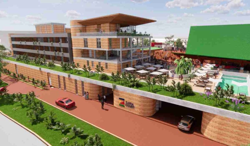 A rendering of Zaria Court Kigali, featuring modern architecture, rooftop greenery, and a poolside leisure area.