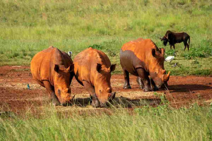 Three rhinos grazing near a watering hole at Bothongo Rhino and Lion Nature Reserve in South Africa.