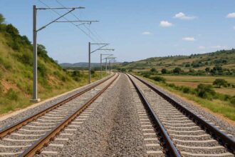 Modern railway tracks stretching across green countryside under blue sky in East Africa