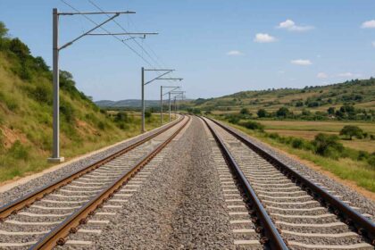 Modern railway tracks stretching across green countryside under blue sky in East Africa
