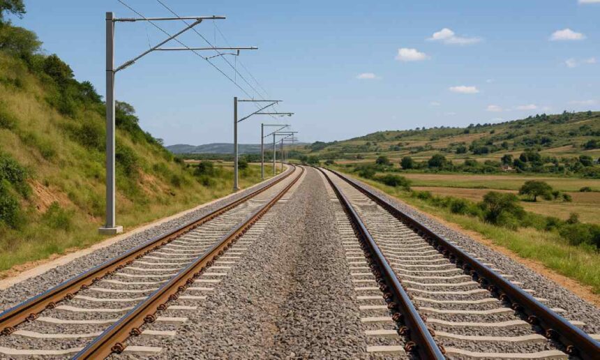Modern railway tracks stretching across green countryside under blue sky in East Africa