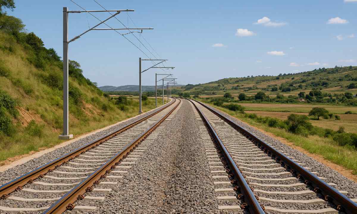 Modern railway tracks stretching across green countryside under blue sky in East Africa