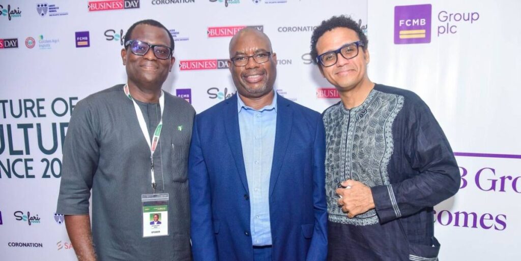 Afioluwa Mogaji of Agbado Value-Chain, Kudzai Gumunyu of FCMB, and Kola Masha of Baban Gona at the Future of Agriculture Conference in Lagos.