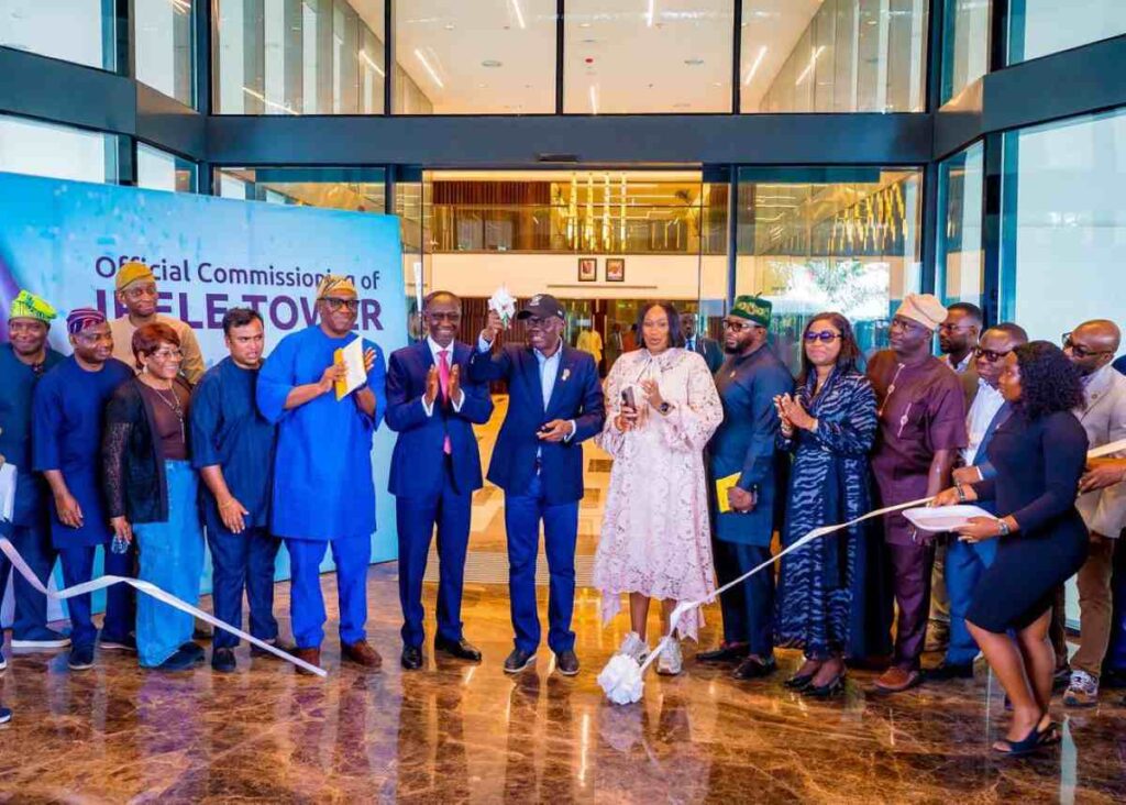 Governor Babajide Sanwo-Olu and FCMB CEO Yemisi Edun at Irele Tower launch in Lagos Free Zone.