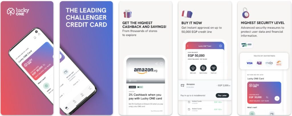 Lucky app showing a wide range of consumer credit and payment options.