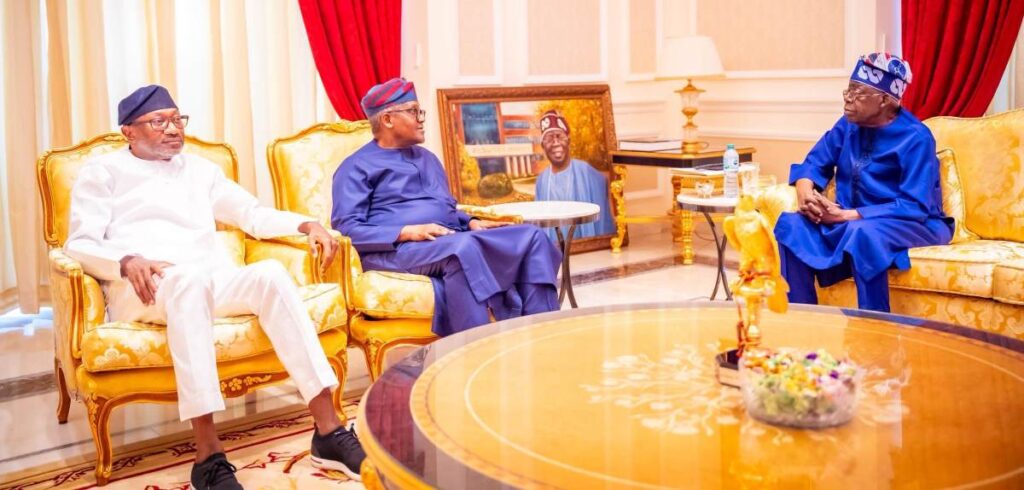 Femi Otedola, Aliko Dangote, and President Bola Tinubu at a high-level engagement involving Nigerian business and economic leadership.
