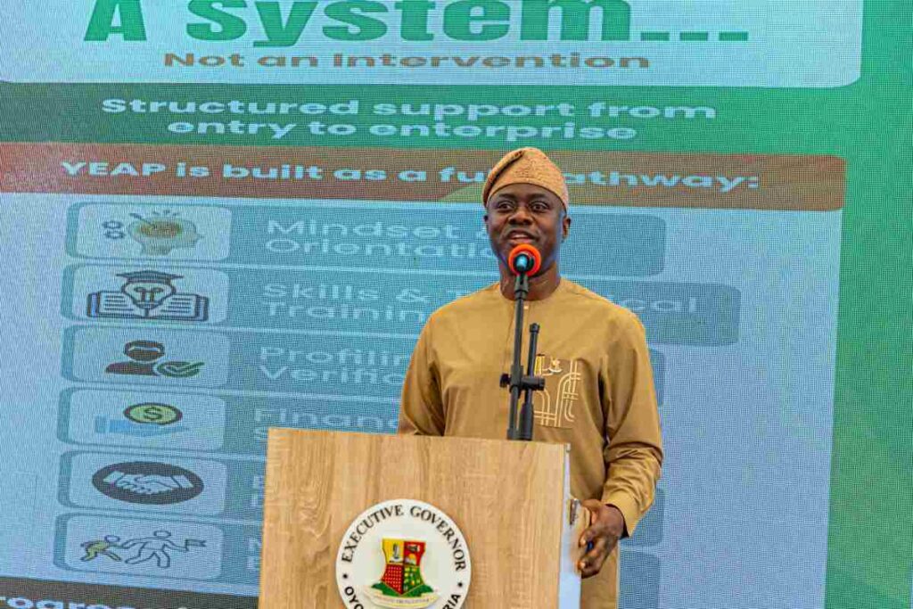 Oyo State Governor Seyi Makinde addresses youth agripreneurs at the $1.1M FCMB and state government funding event.