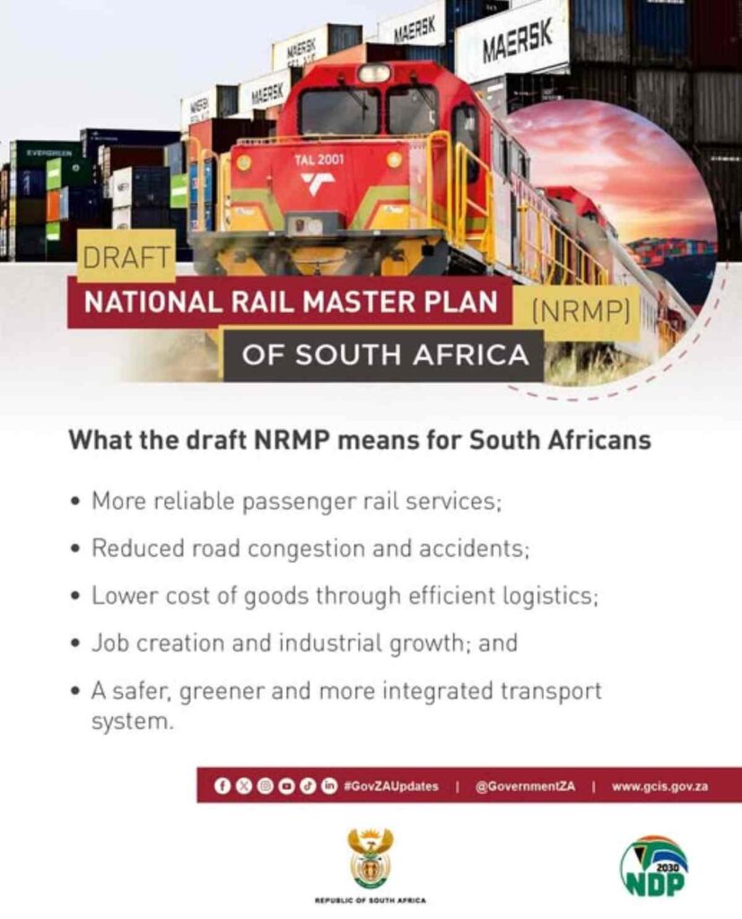 Draft South Africa rail master plan showing proposed reforms aimed at reducing road congestion and improving freight and commuter rail services.