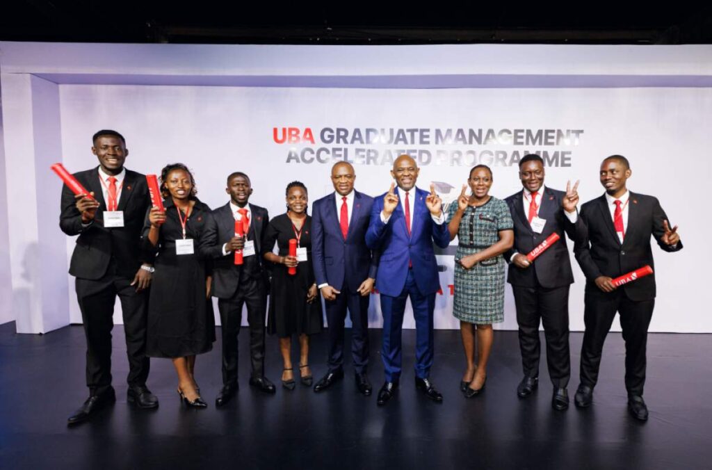 Tony Elumelu, Oliver Alawuba, and UBA executives at the 2026 Graduate Management Accelerated Programme (GMAP) graduation in Lagos, celebrating over 700 trainees across Africa.