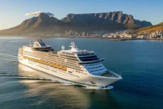 Cruise ship sailing along Africa’s Atlantic coastline