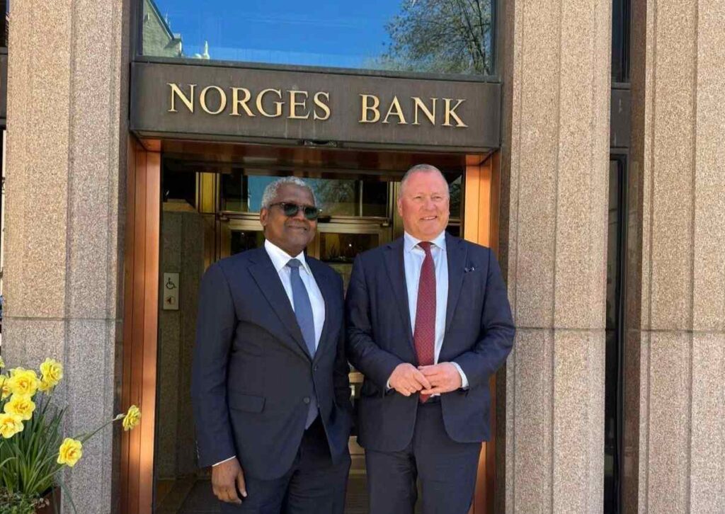 Aliko Dangote, President of Dangote Industries Limited, meeting Nicolai Tangen, CEO of Norges Bank Investment Management, in discussions on investment opportunities.