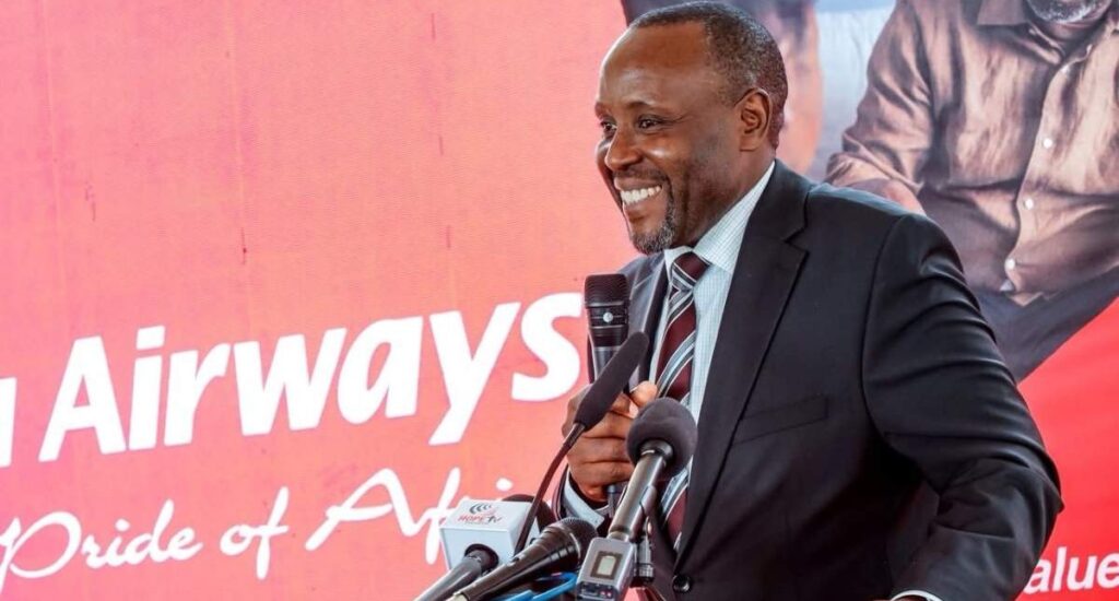 Allan Kilavuka, immediate former Group CEO of Kenya Airways, speaking during the airline’s Annual General Meeting.