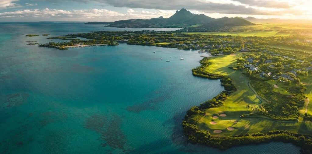 Aerial view of Anahita Golf & Spa Resort lagoon, part of CIEL Group’s hospitality portfolio in Mauritius.