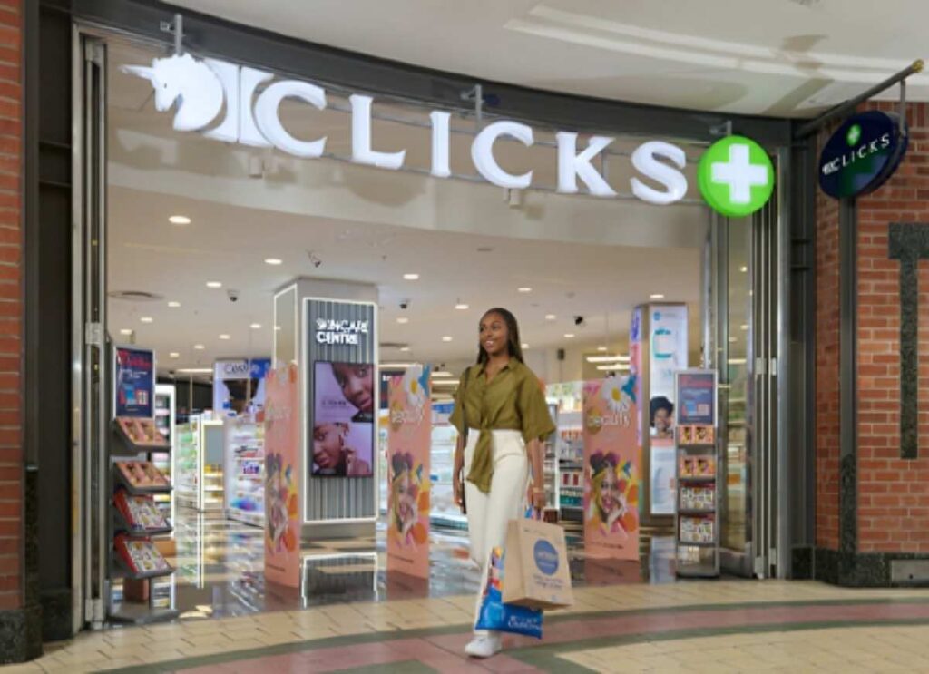Clicks Group retail store in South Africa showing pharmacy and beauty products.