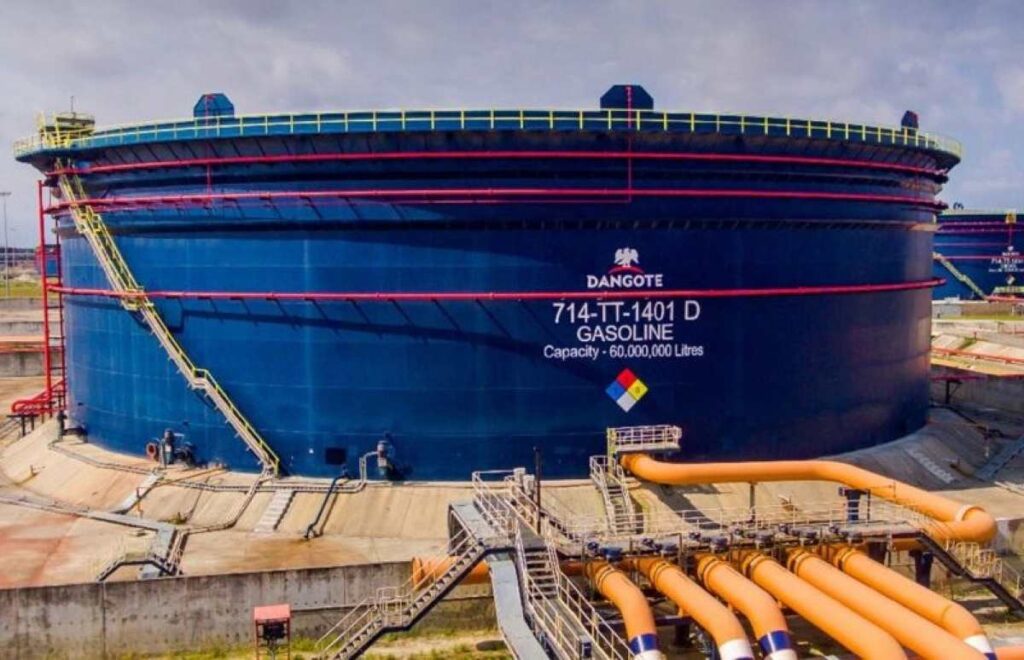 Dangote Refinery gasoline storage tank with 60 million liters capacity under Dangote Industries Limited operations in Nigeria.