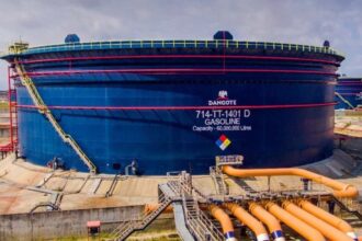 Dangote Refinery gasoline storage tank with 60 million liters capacity under Dangote Industries Limited operations in Nigeria.