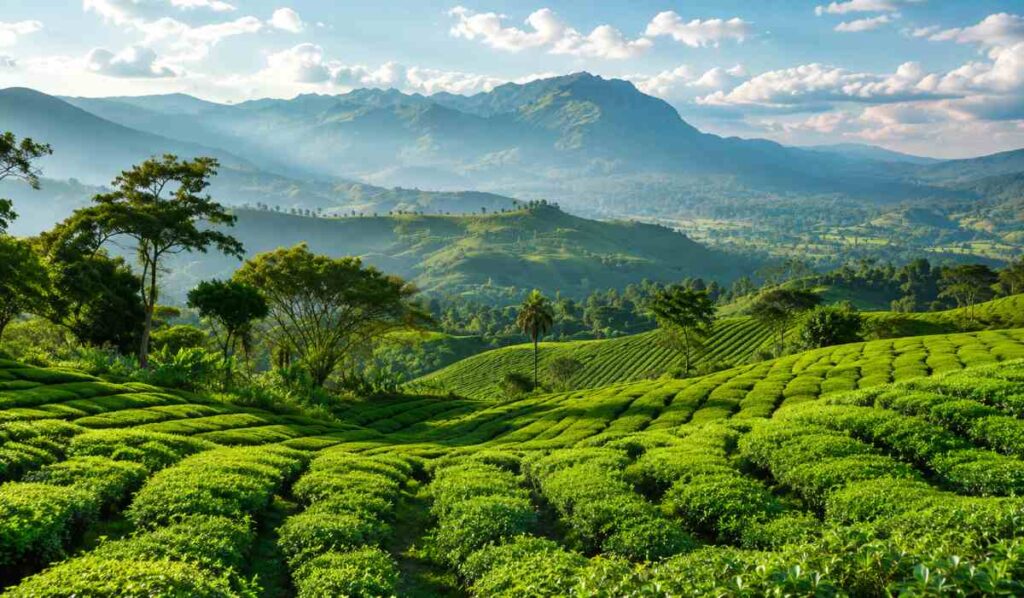 View of Mbeya Tea Plantations in southern Tanzania, showcasing lush green tea fields stretching across rolling highland hills.