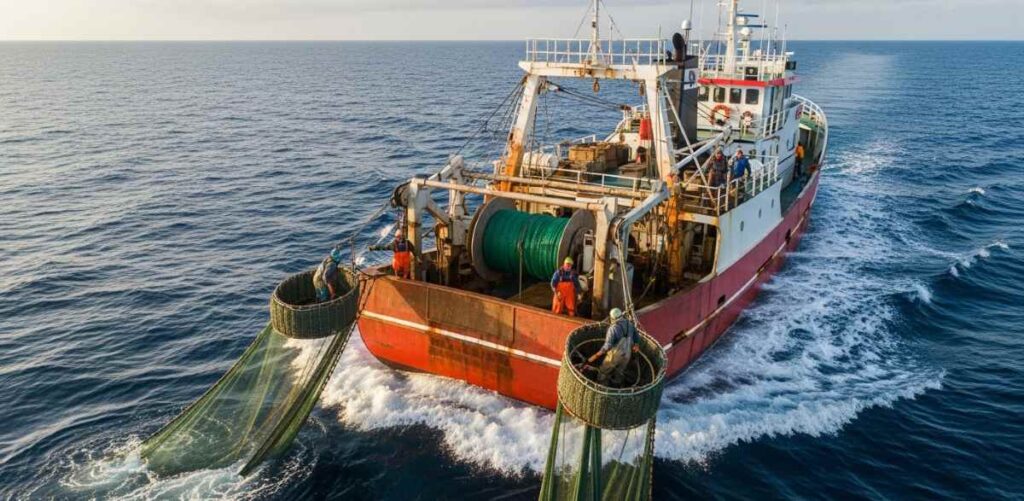 Fishing trawler at sea, representing Nigeria’s commercial seafood industry and Tantalizers Plc’s expansion into fisheries and exports.