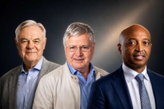 L-R: Patrice Motsepe, Michiel Le Roux, and Koos Bekker