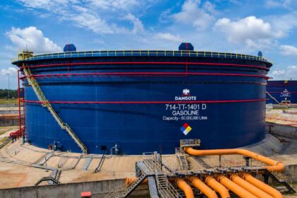 Dangote Refinery gasoline storage tank with 60 million liters capacity under Dangote Industries Limited operations in Nigeria.