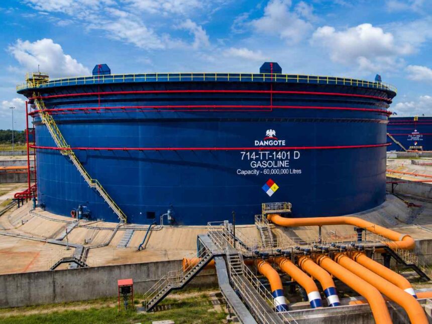 Dangote Refinery gasoline storage tank with 60 million liters capacity under Dangote Industries Limited operations in Nigeria.
