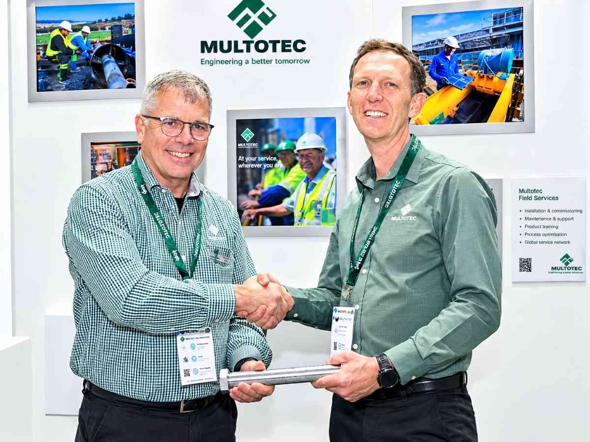 Thomas Holtz hands over the Multotec CEO role to Johan Robbertse at Electra Mining Africa 2026.