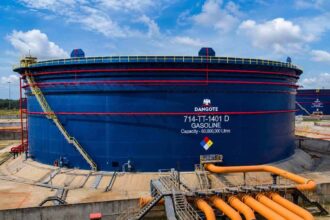 Dangote Refinery gasoline storage tank with 60 million liters capacity under Dangote Industries Limited operations in Nigeria