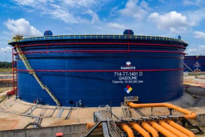 Dangote Refinery gasoline storage tank with 60 million liters capacity under Dangote Industries Limited operations in Nigeria